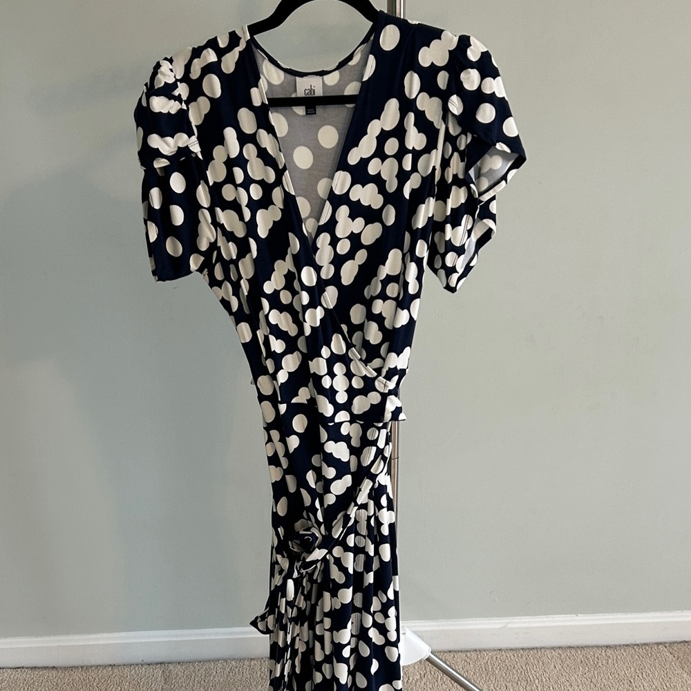 CAbi Navy and White Dot Midi Dress